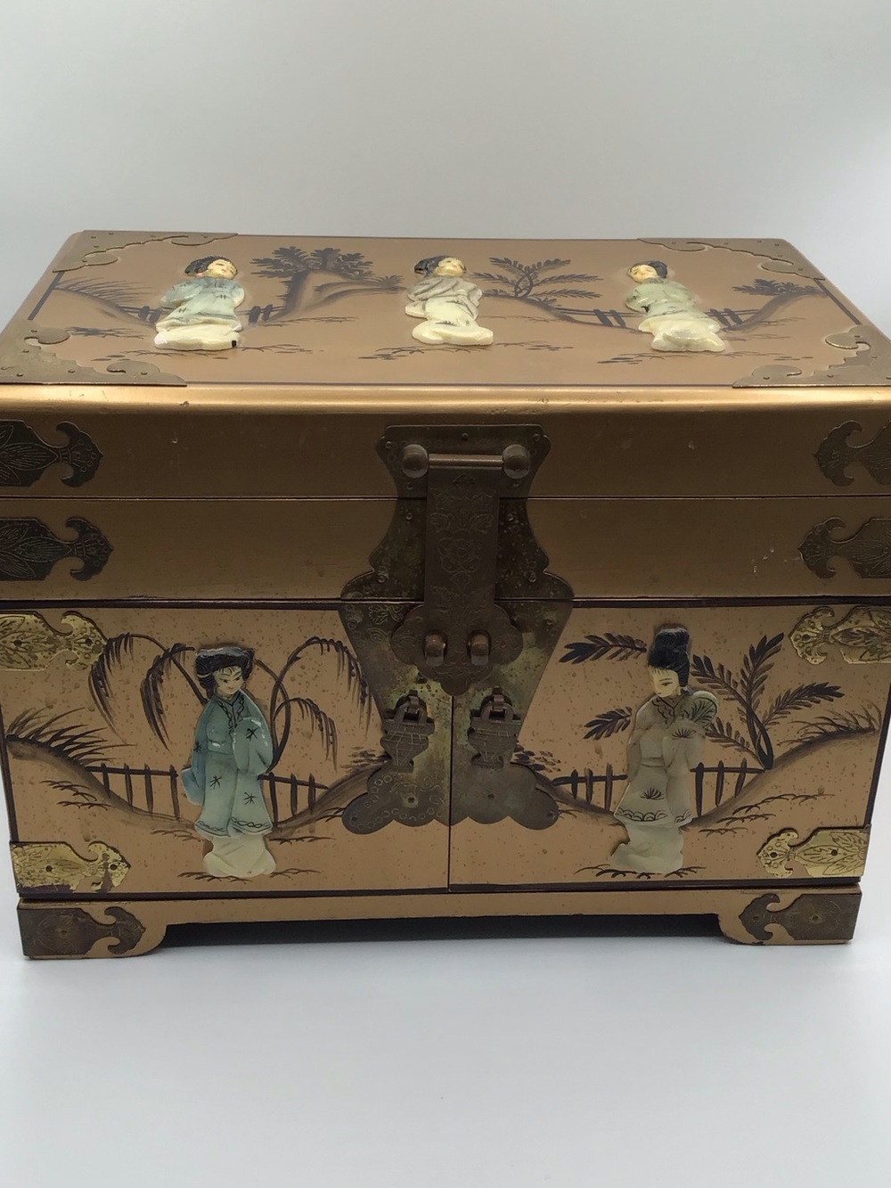 Vintage Asian Jewelry Box Hand Painted Wood Brass Hardware Red Lined Case
